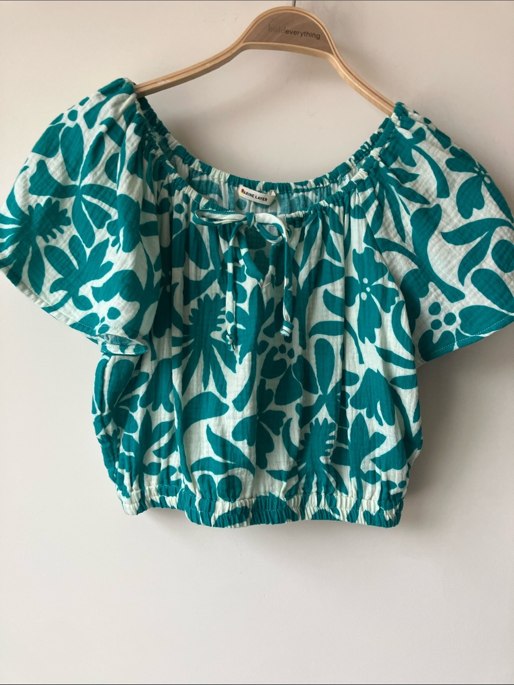 MARINE LAYER Tiana Crop Top Spruce Flora Green/Ecru Print, Flutter S/S Size XS
